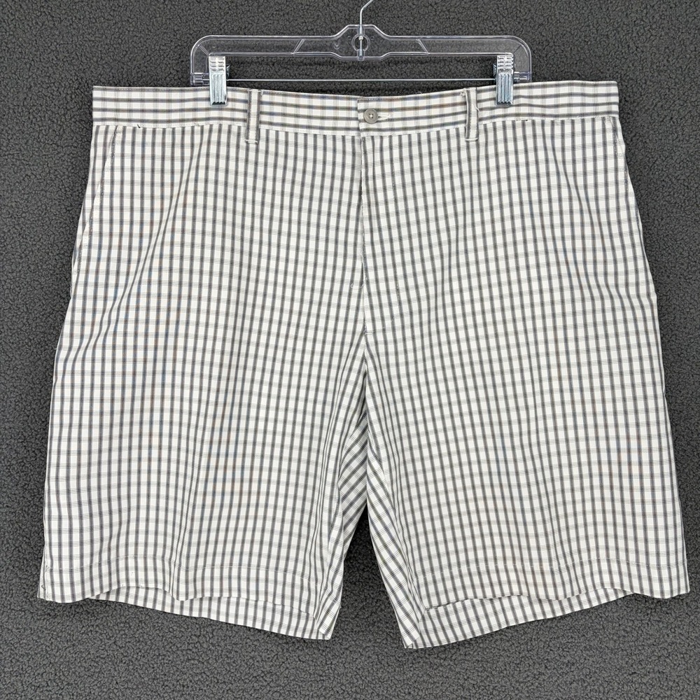 PGA Tour Mens Golf Shorts 40 White Black Plaid Flat Front Polyester RN37763